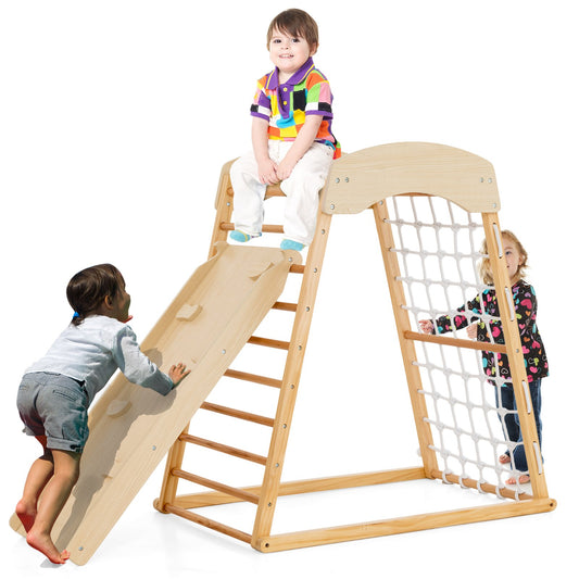 6-in-1 Jungle Gym Wooden Indoor Playground with Double-Sided Ramp and Monkey Bars, Natural