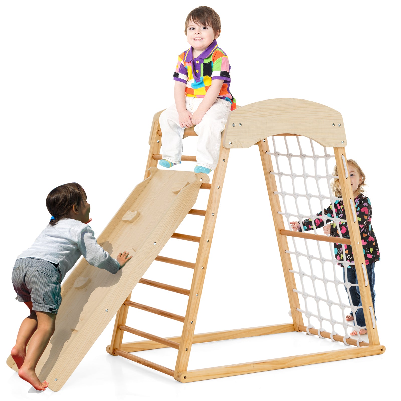 6-in-1 Jungle Gym Wooden Indoor Playground with Double-Sided Ramp and Monkey Bars, Natural Climbers & Slides at Gallery Canada