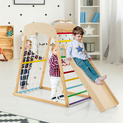 6-in-1 Jungle Gym Wooden Indoor Playground with Double-Sided Ramp and Monkey Bars, Multicolor