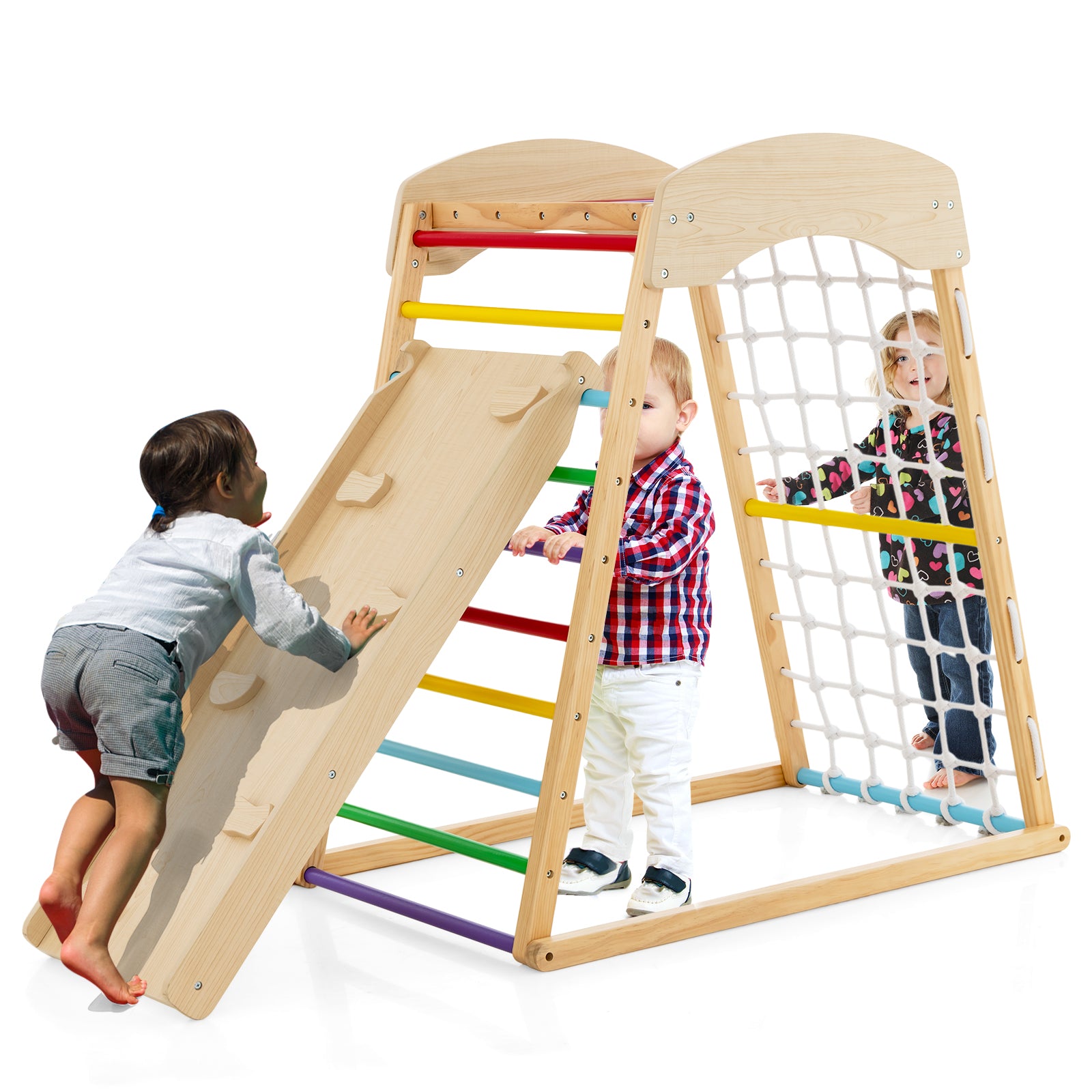 6-In-1 Jungle Gym, Wooden Indoor Playground, Double-Sided Ramp, Monkey Bars, Multicolor Climbers & Slides at Gallery Canada