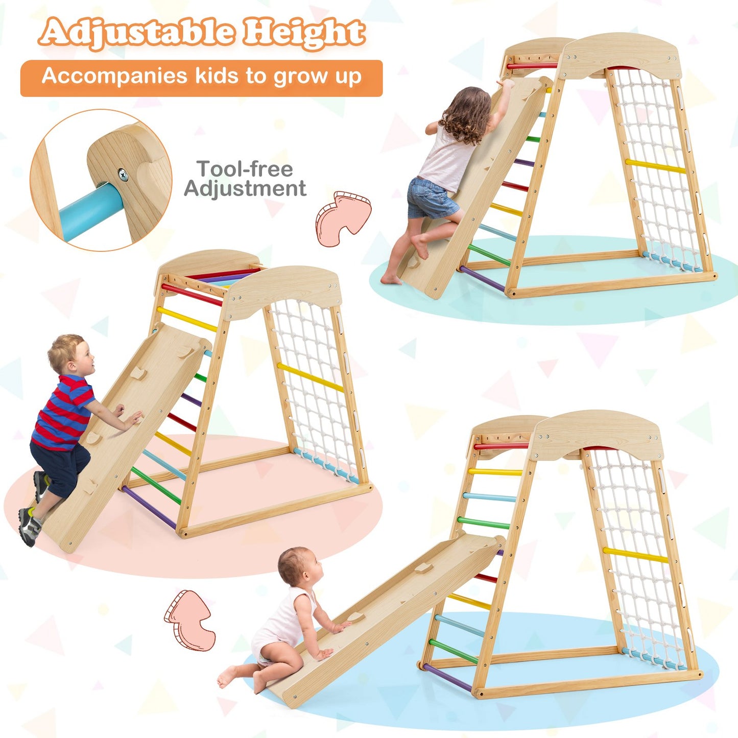 6-in-1 Jungle Gym Wooden Indoor Playground with Double-Sided Ramp and Monkey Bars, Multicolor