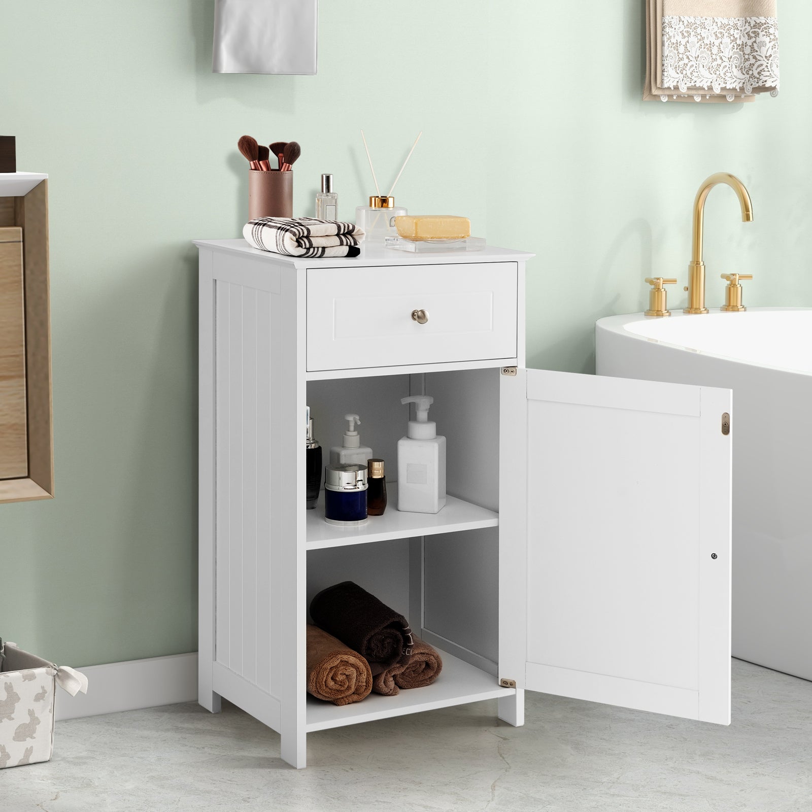 Single Door Bathroom Cabinet with Adjustable Shelf and Drawer, White Floor Cabinets at Gallery Canada