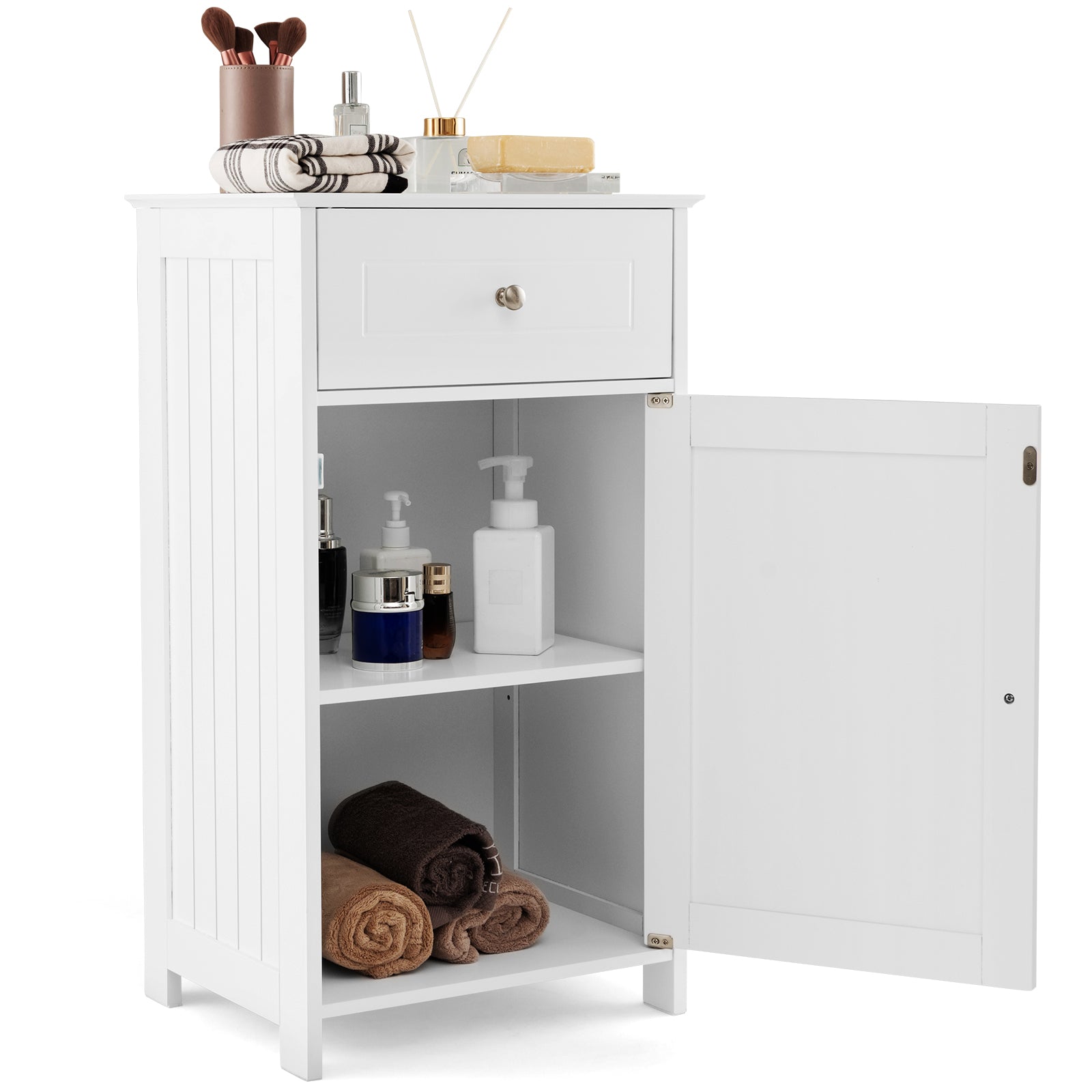 Single Door Bathroom Cabinet with Adjustable Shelf and Drawer, White Floor Cabinets at Gallery Canada