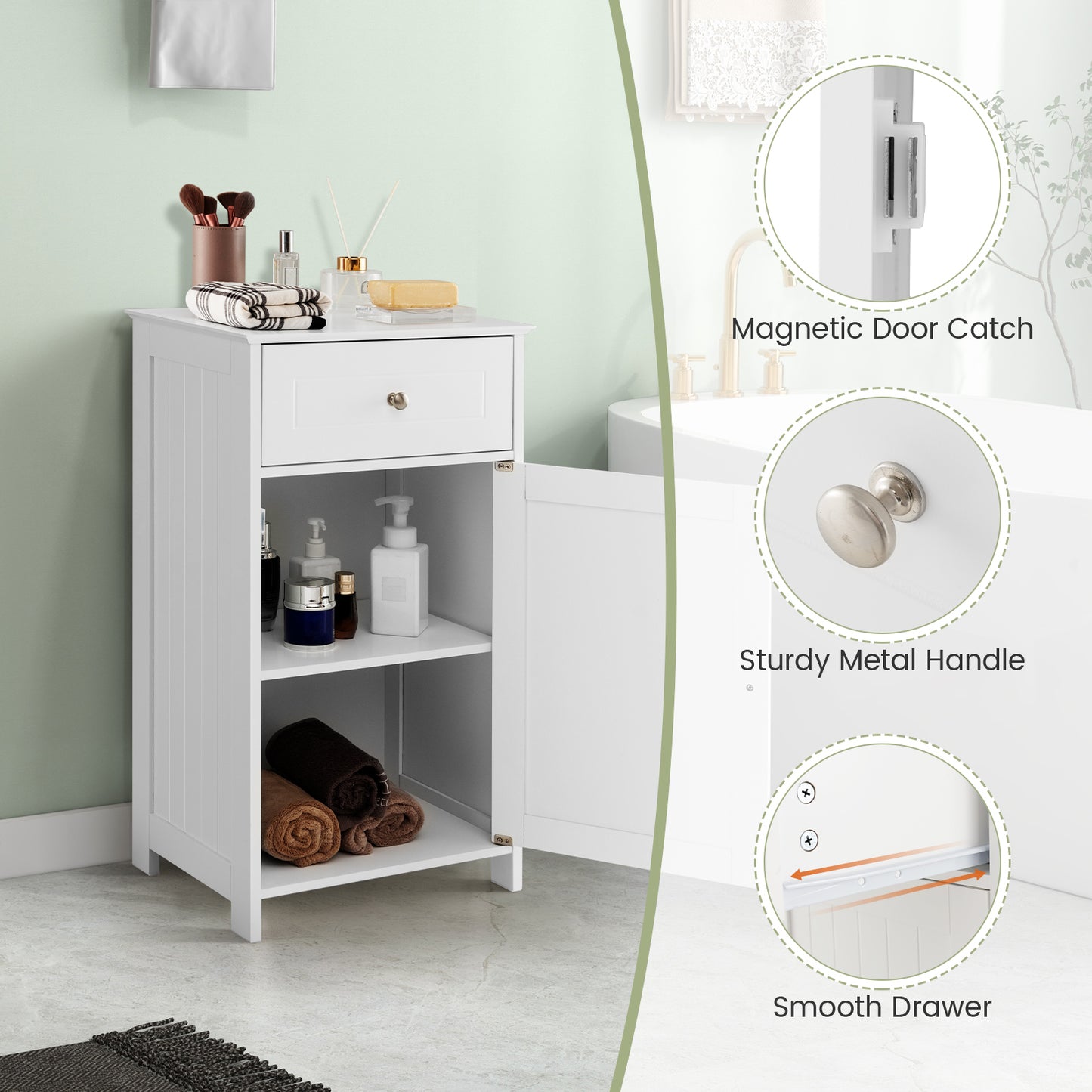 Single Door Bathroom Cabinet with Adjustable Shelf and Drawer, White Floor Cabinets at Gallery Canada