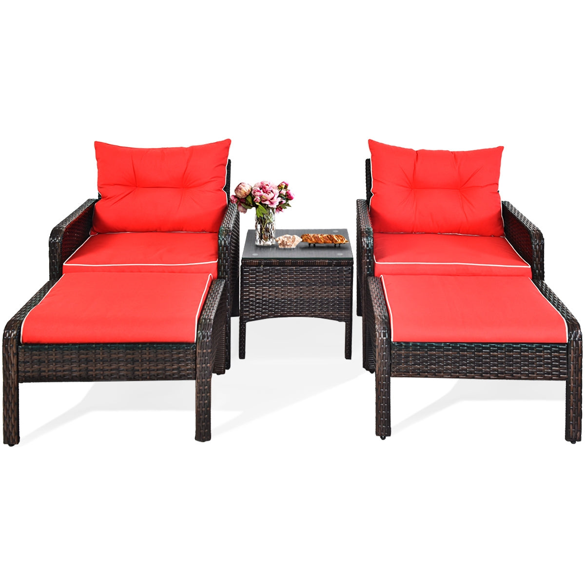 5 Pcs Patio Rattan Sofa Ottoman Furniture Set with Cushions, Red Patio Furniture Sets at Gallery Canada