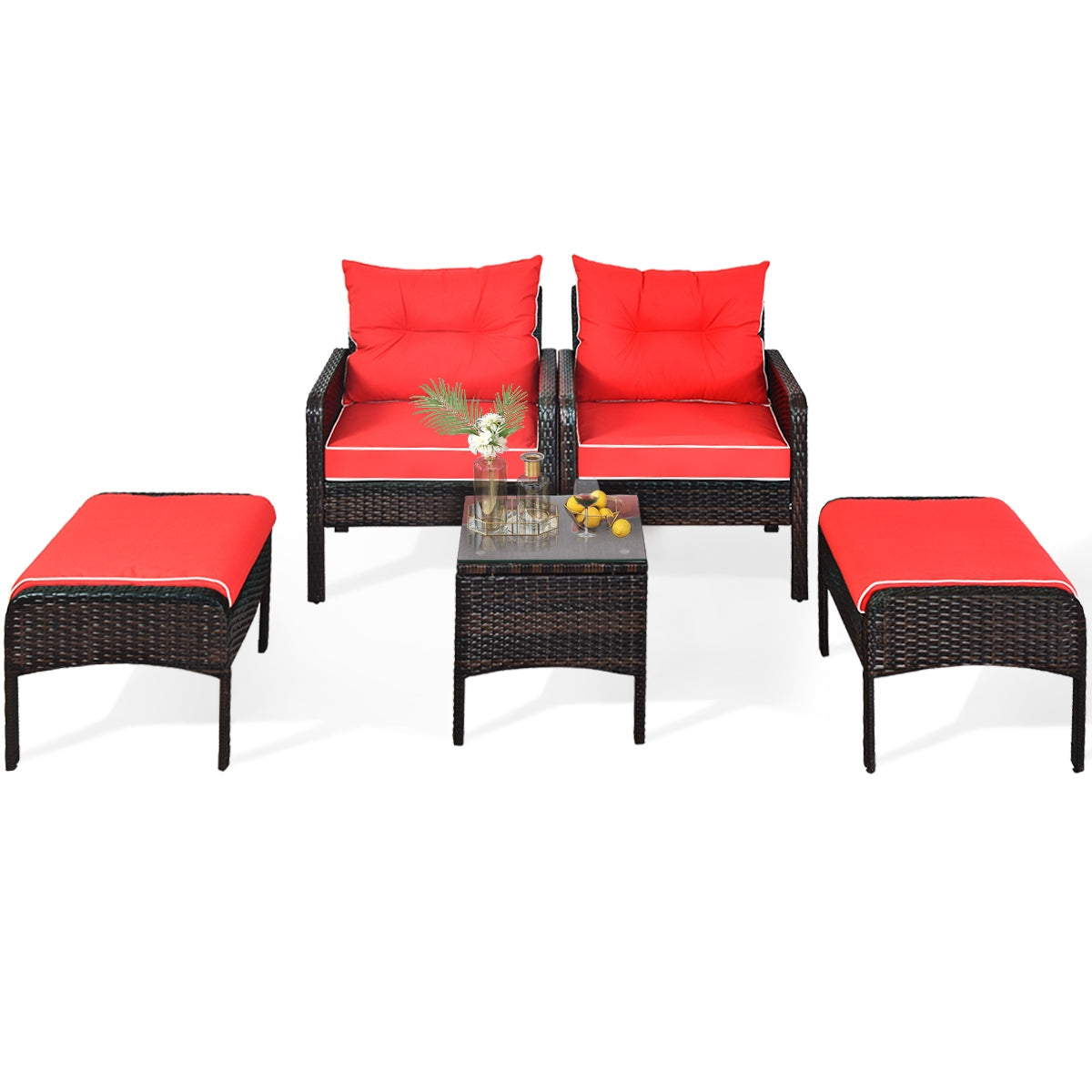 5 Pcs Patio Rattan Sofa Ottoman Furniture Set with Cushions, Red Patio Furniture Sets at Gallery Canada