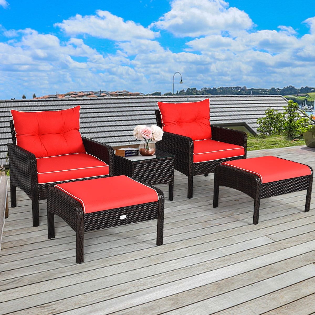 5 Pcs Patio Rattan Sofa Ottoman Furniture Set with Cushions, Red Patio Furniture Sets at Gallery Canada