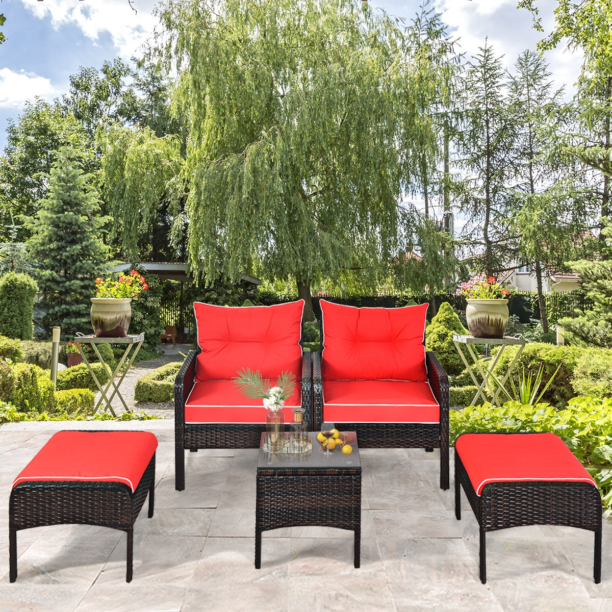 5 Pcs Patio Rattan Sofa Ottoman Furniture Set with Cushions, Red Patio Furniture Sets at Gallery Canada