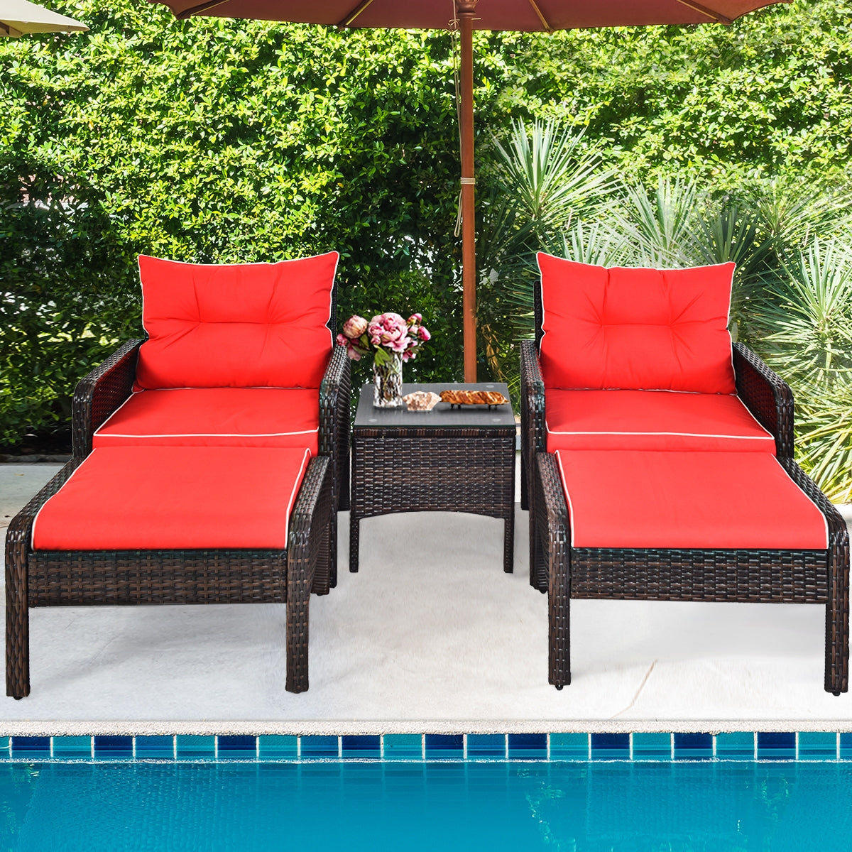 5 Pcs Patio Rattan Sofa Ottoman Furniture Set with Cushions, Red Patio Furniture Sets at Gallery Canada