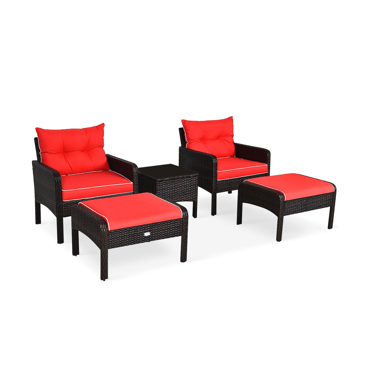 5 Pcs Patio Rattan Sofa Ottoman Set With Cushions, Red