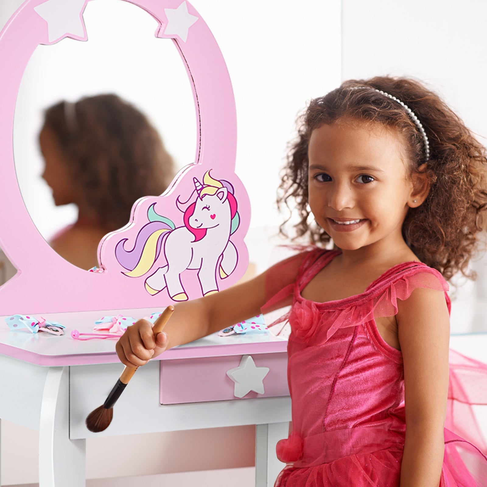 Kids Wooden Makeup Dressing Table and Chair Set with Mirror and Drawer, White Kids Vanities at Gallery Canada