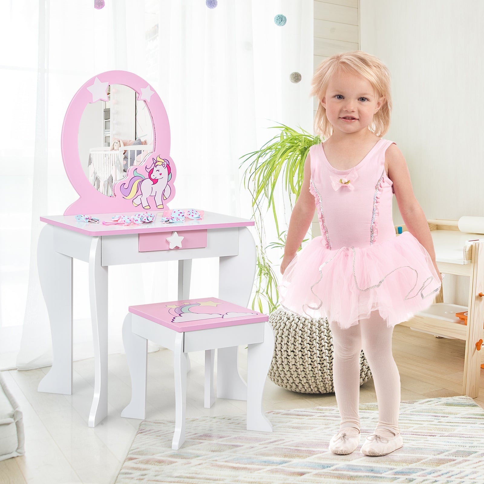 Kids Wooden Makeup Dressing Table and Chair Set with Mirror and Drawer, White Kids Vanities at Gallery Canada