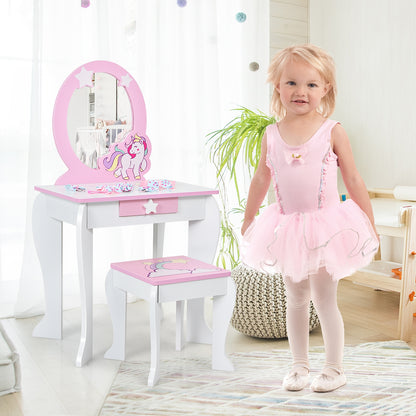 Kids Wooden Makeup Dressing Table and Chair Set with Mirror and Drawer, White Kids Vanities at Gallery Canada