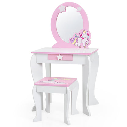 Kids Wooden Makeup Dressing Table and Chair Set with Mirror and Drawer, White Kids Vanities at Gallery Canada