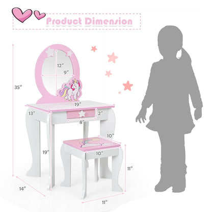 Kids Wooden Makeup Dressing Table and Chair Set with Mirror and Drawer, White - Gallery Canada