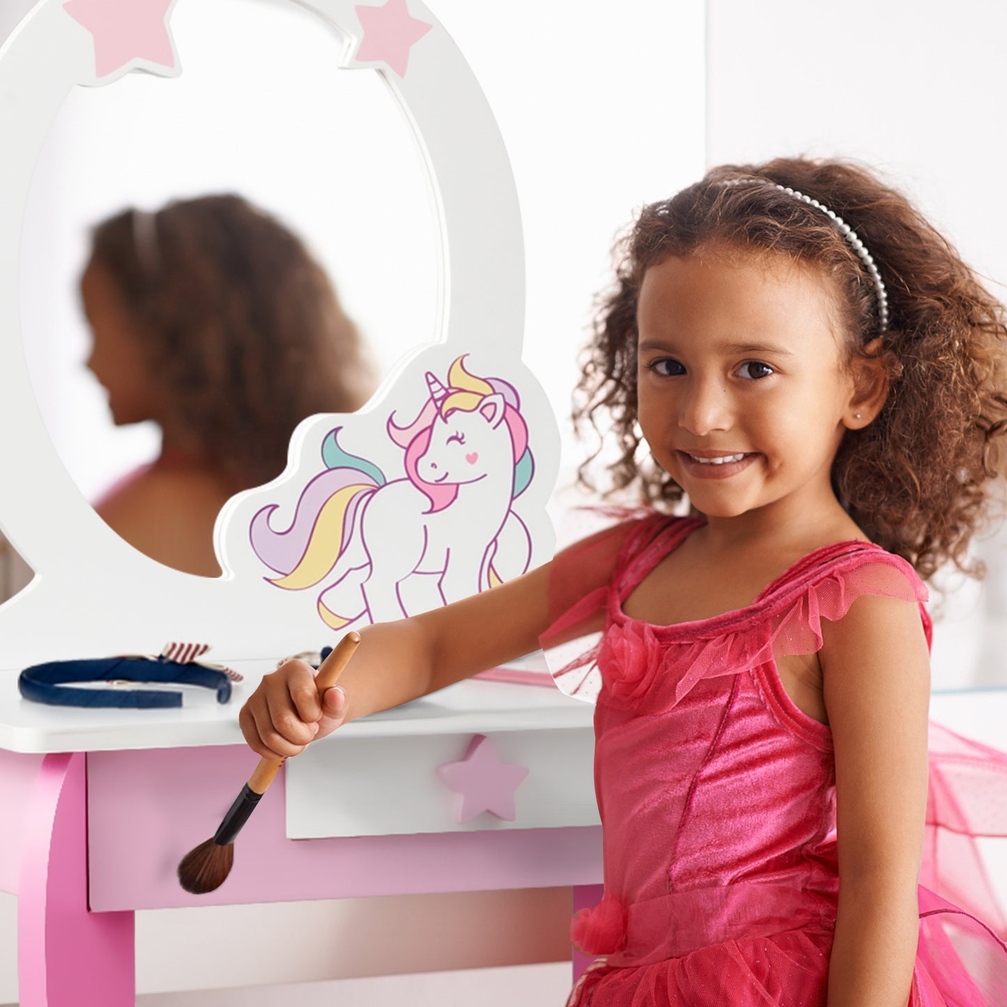Kids Wooden Makeup Dressing Table and Chair Set with Mirror and Drawer, Pink Kids Vanities at Gallery Canada