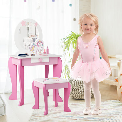 Kids Wooden Makeup Dressing Table and Chair Set with Mirror and Drawer, Pink Kids Vanities at Gallery Canada