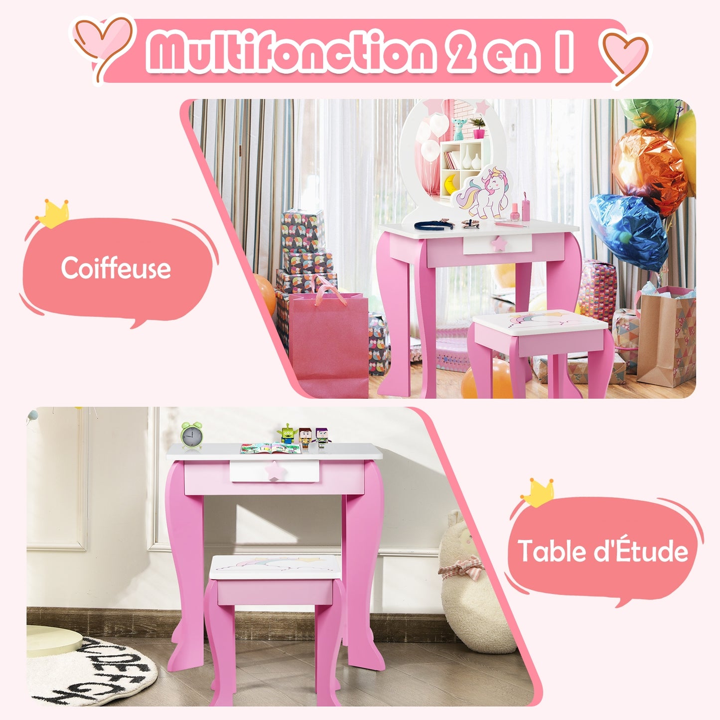 Kids Wooden Makeup Dressing Table and Chair Set with Mirror and Drawer, Pink Kids Vanities at Gallery Canada