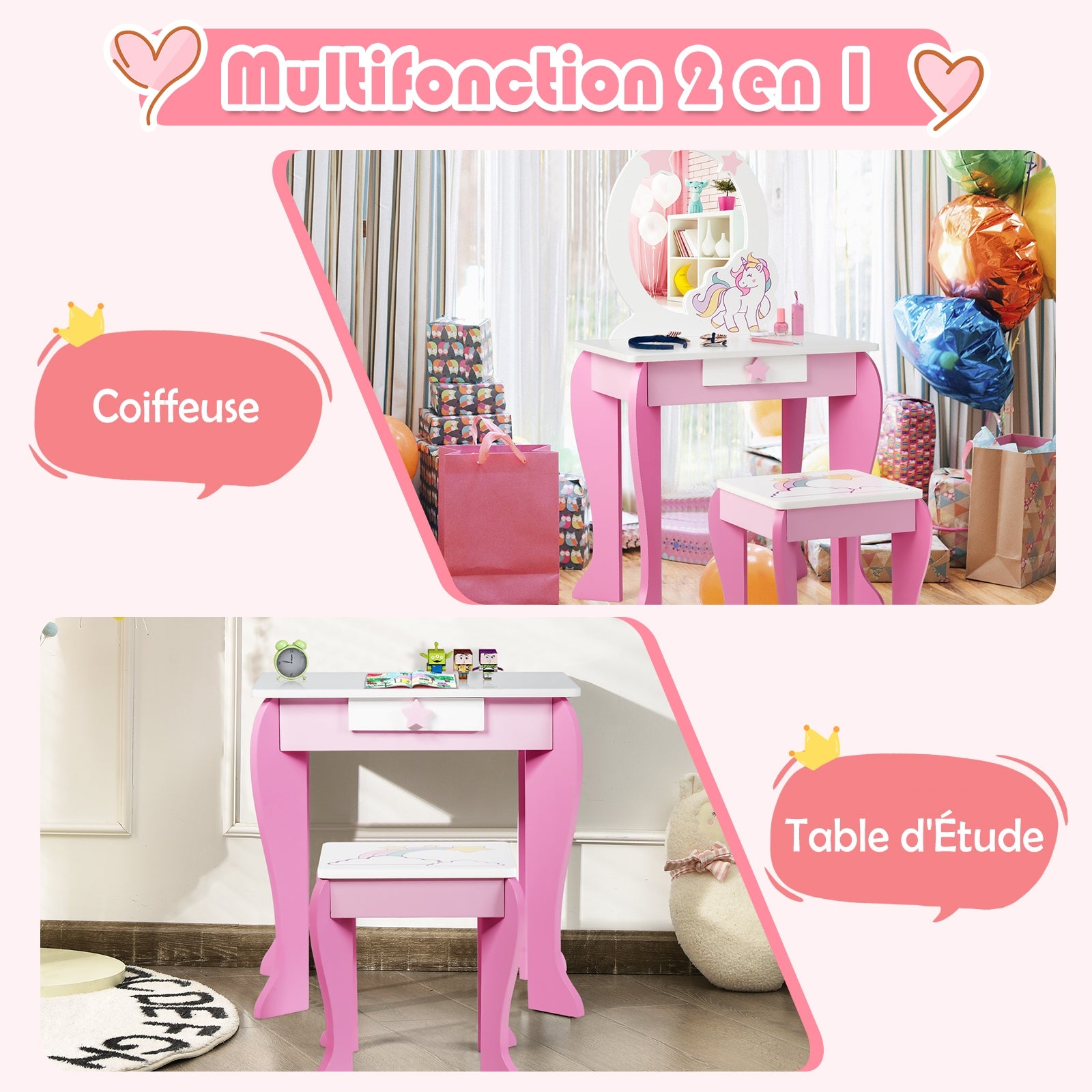 Kids Wooden Makeup Dressing Table and Chair Set with Mirror and Drawer, Pink Kids Vanities at Gallery Canada