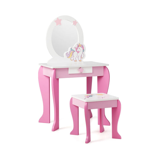 Kids Wooden Makeup Dressing Table and Chair Set with Mirror and Drawer, Pink - Gallery Canada