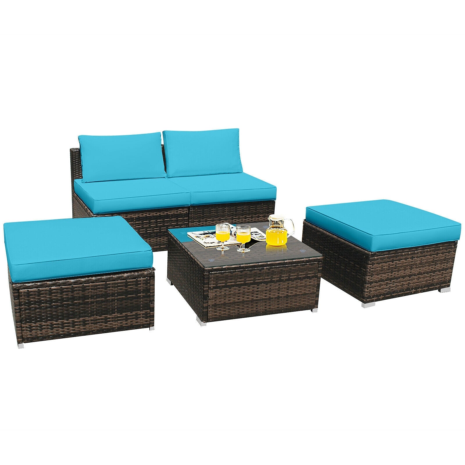 5 Pieces Patio Rattan Furniture Set with Cushioned Armless Sofa, Turquoise Patio Conversation Sets at Gallery Canada