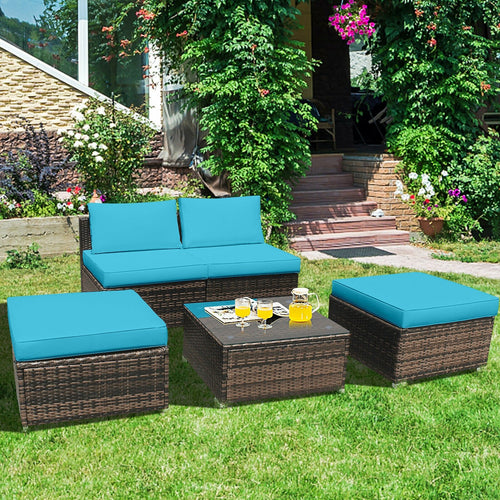 5 Pieces Patio Rattan Furniture Set with Cushioned Armless Sofa, Turquoise