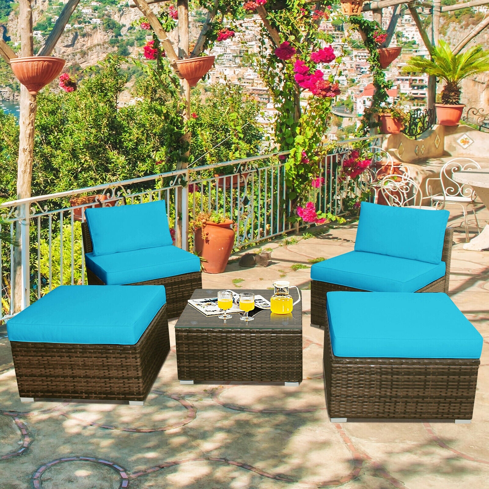 5 Pieces Patio Rattan Furniture Set with Cushioned Armless Sofa, Turquoise Patio Conversation Sets at Gallery Canada