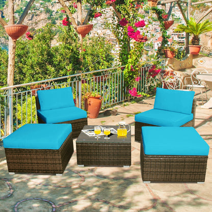5 Pieces Patio Rattan Furniture Set with Cushioned Armless Sofa, Turquoise Patio Conversation Sets at Gallery Canada