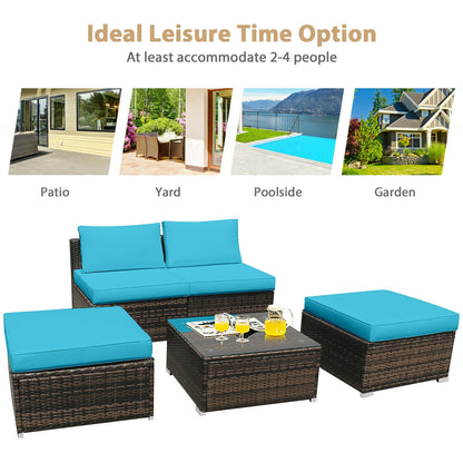 5 Pieces Patio Rattan Furniture Set with Cushioned Armless Sofa, Turquoise Patio Conversation Sets at Gallery Canada