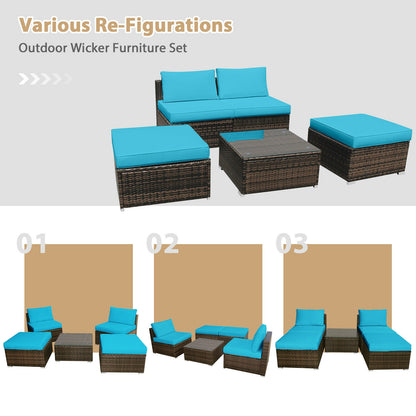 5 Pieces Patio Rattan Furniture Set with Cushioned Armless Sofa, Turquoise Patio Conversation Sets at Gallery Canada