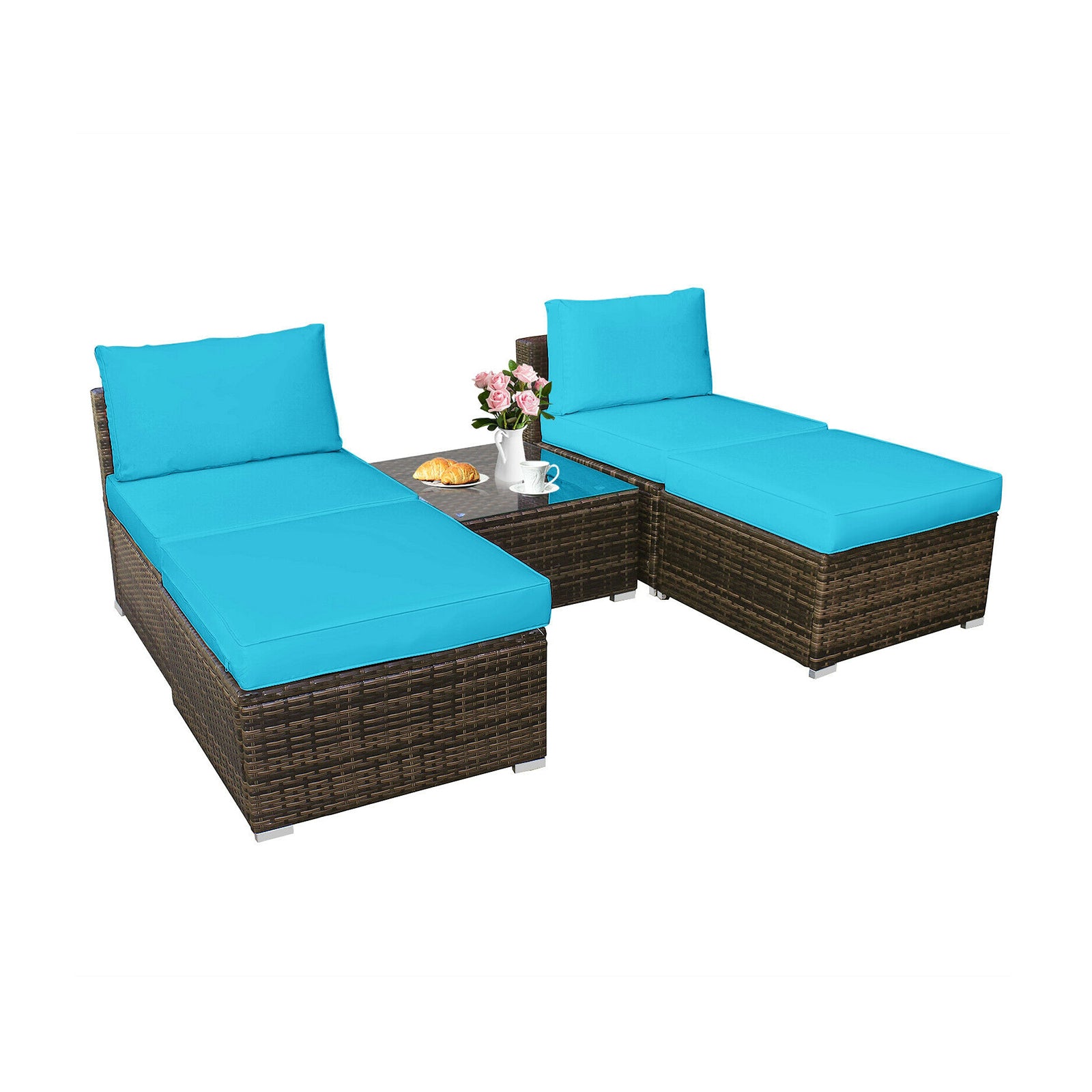5 Pieces Patio Rattan Furniture Set with Cushioned Armless Sofa, Turquoise Patio Conversation Sets at Gallery Canada