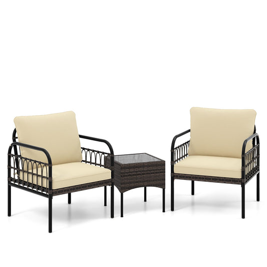 3 Pieces Patio Wicker Conversation Set with Cushions and Tempered Glass Coffee Table, Beige - Gallery Canada