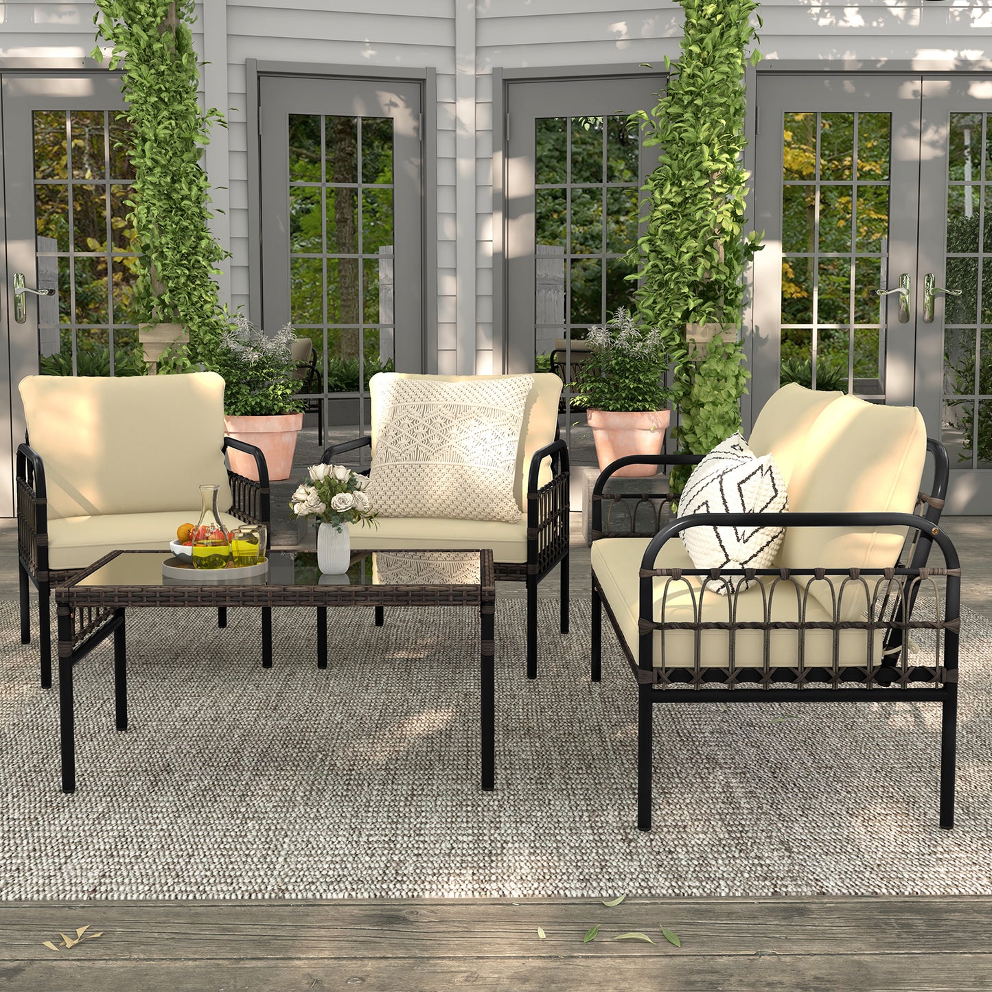 4 Pieces Outdoor Wicker Conversation Bistro Set with Soft Cushions and Tempered Glass Coffee Table, Brown Patio Conversation Sets at Gallery Canada