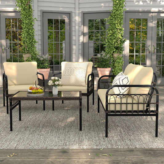 4 Pieces Outdoor Wicker Conversation Bistro Set with Soft Cushions and Tempered Glass Coffee Table, Brown - Gallery Canada