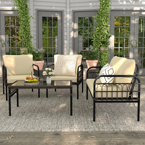 4 Pieces Outdoor Wicker Conversation Bistro Set with Soft Cushions and Tempered Glass Coffee Table, Brown