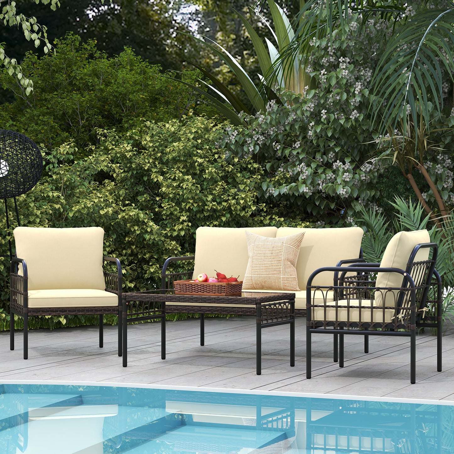 4 Pieces Outdoor Wicker Conversation Bistro Set with Soft Cushions and Tempered Glass Coffee Table, Brown Patio Conversation Sets at Gallery Canada