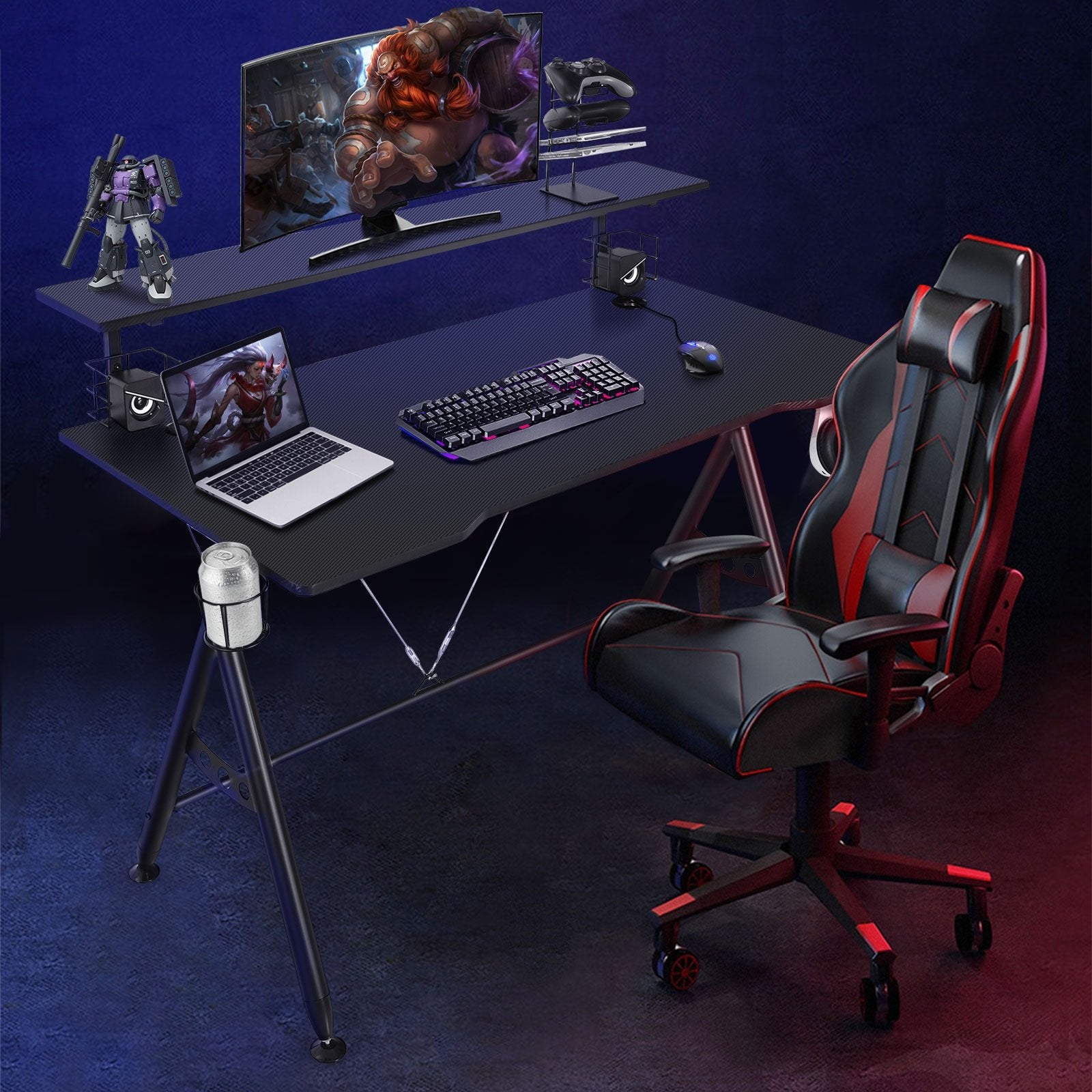 E-Sports Gaming Desk with Monitor Shelf and Cup Holder, Black - Gallery Canada