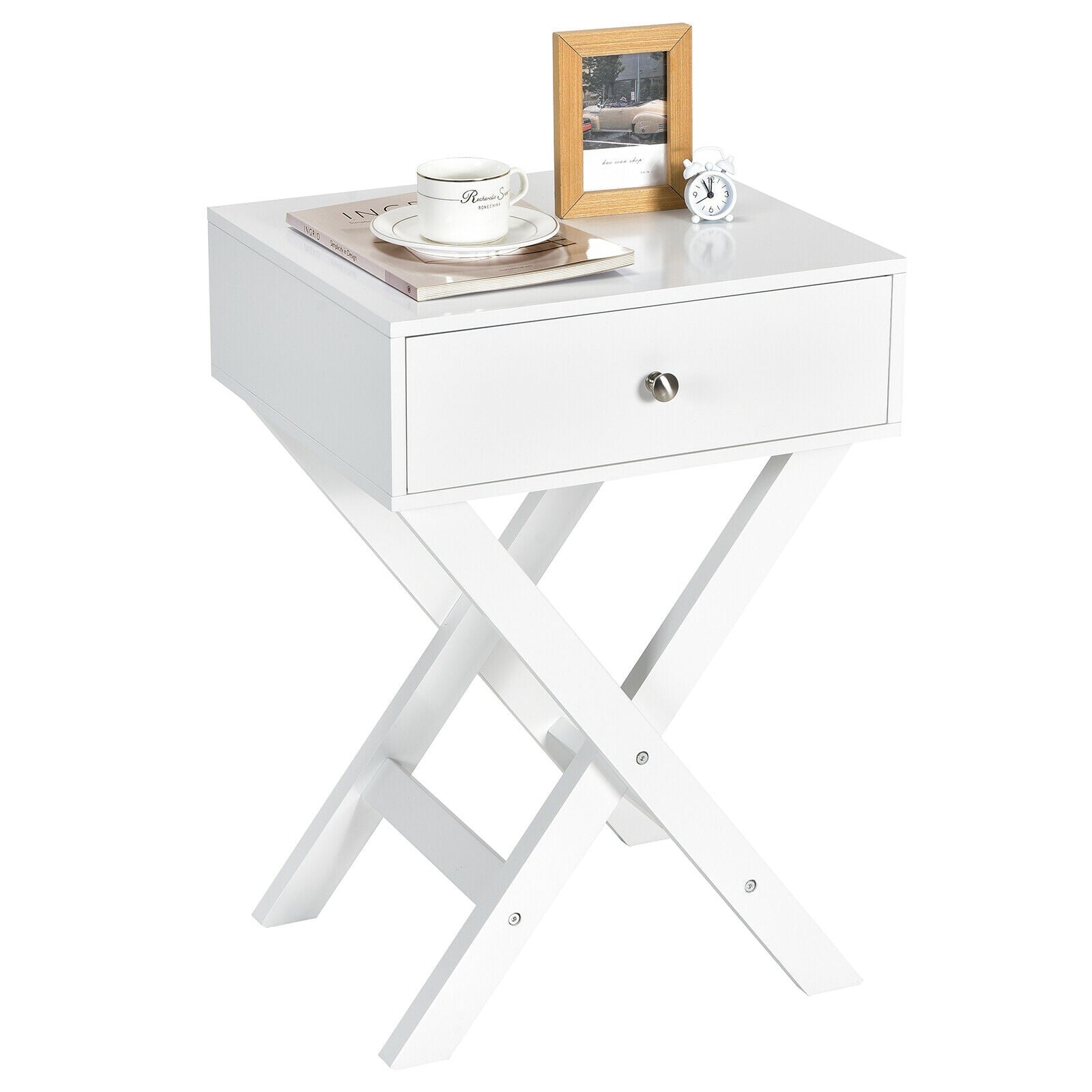 Modern X-Shaped Nightstand with Drawer for Living Room Bedroom, White Nightstands at Gallery Canada