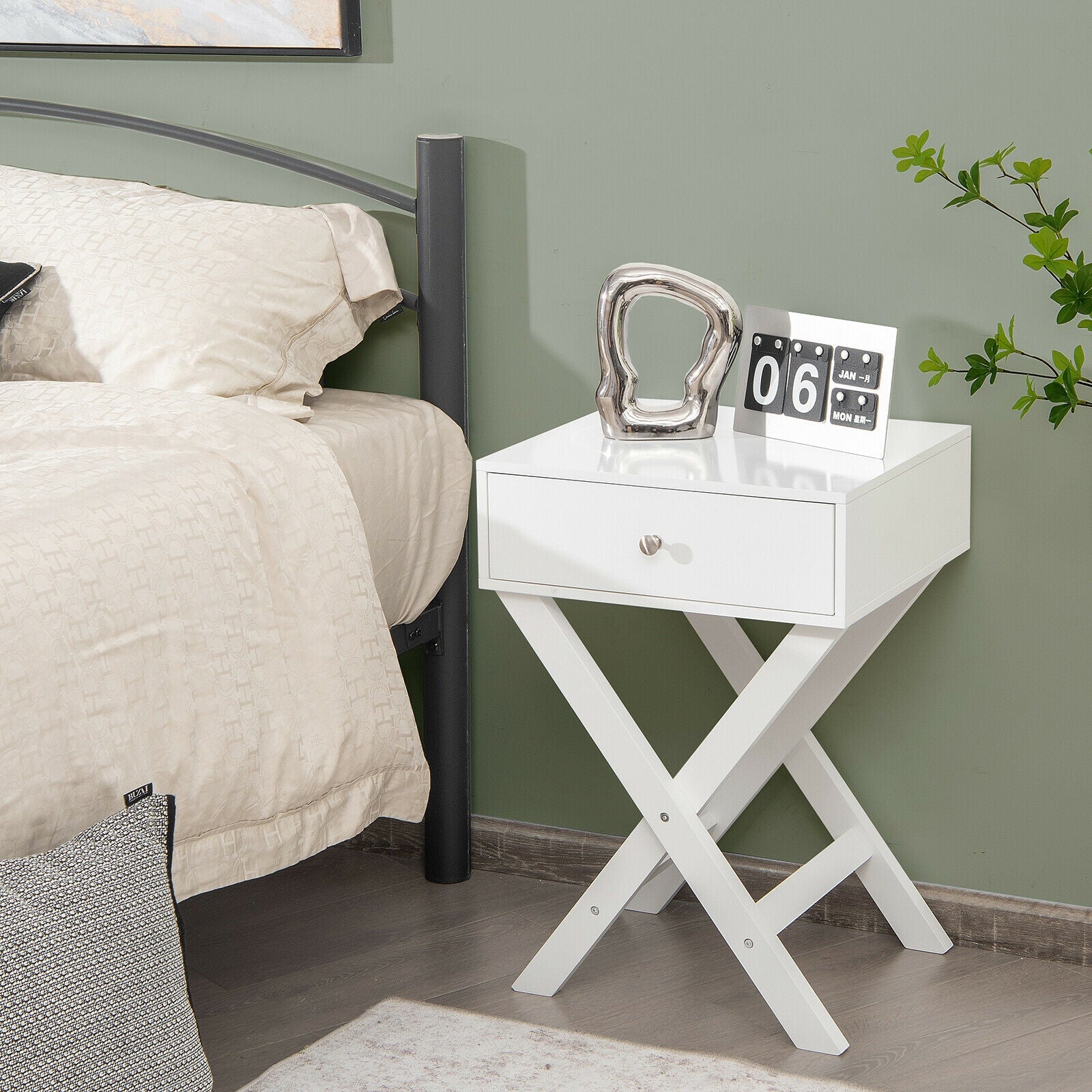 Modern X-Shaped Nightstand with Drawer for Living Room Bedroom, White Nightstands at Gallery Canada