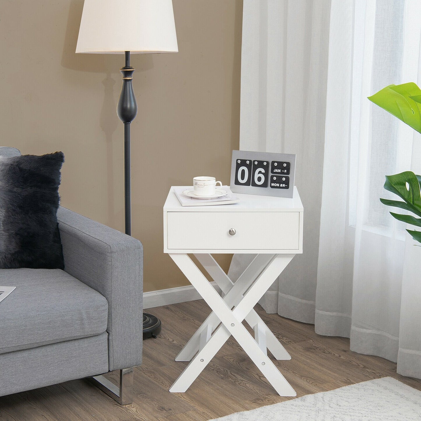 Modern X-Shaped Nightstand with Drawer for Living Room Bedroom, White