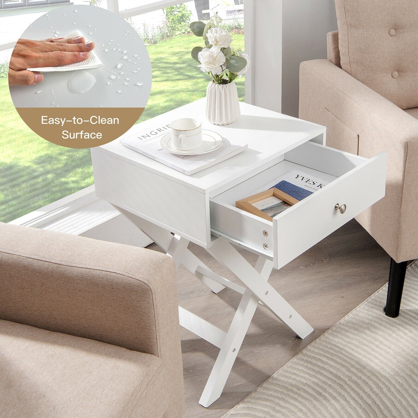 Modern X-Shaped Nightstand with Drawer for Living Room Bedroom, White