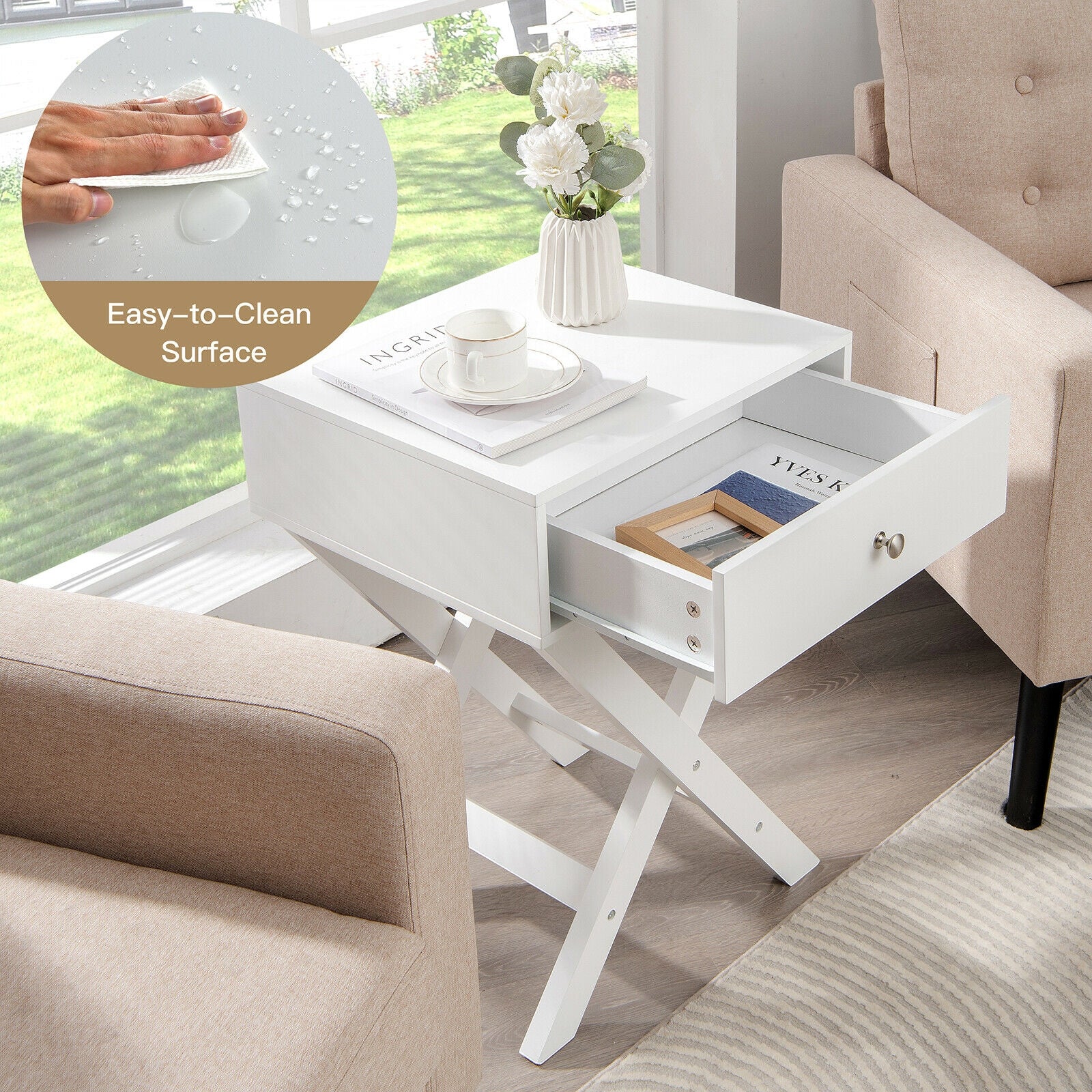 Modern X-Shaped Nightstand with Drawer for Living Room Bedroom, White Nightstands at Gallery Canada