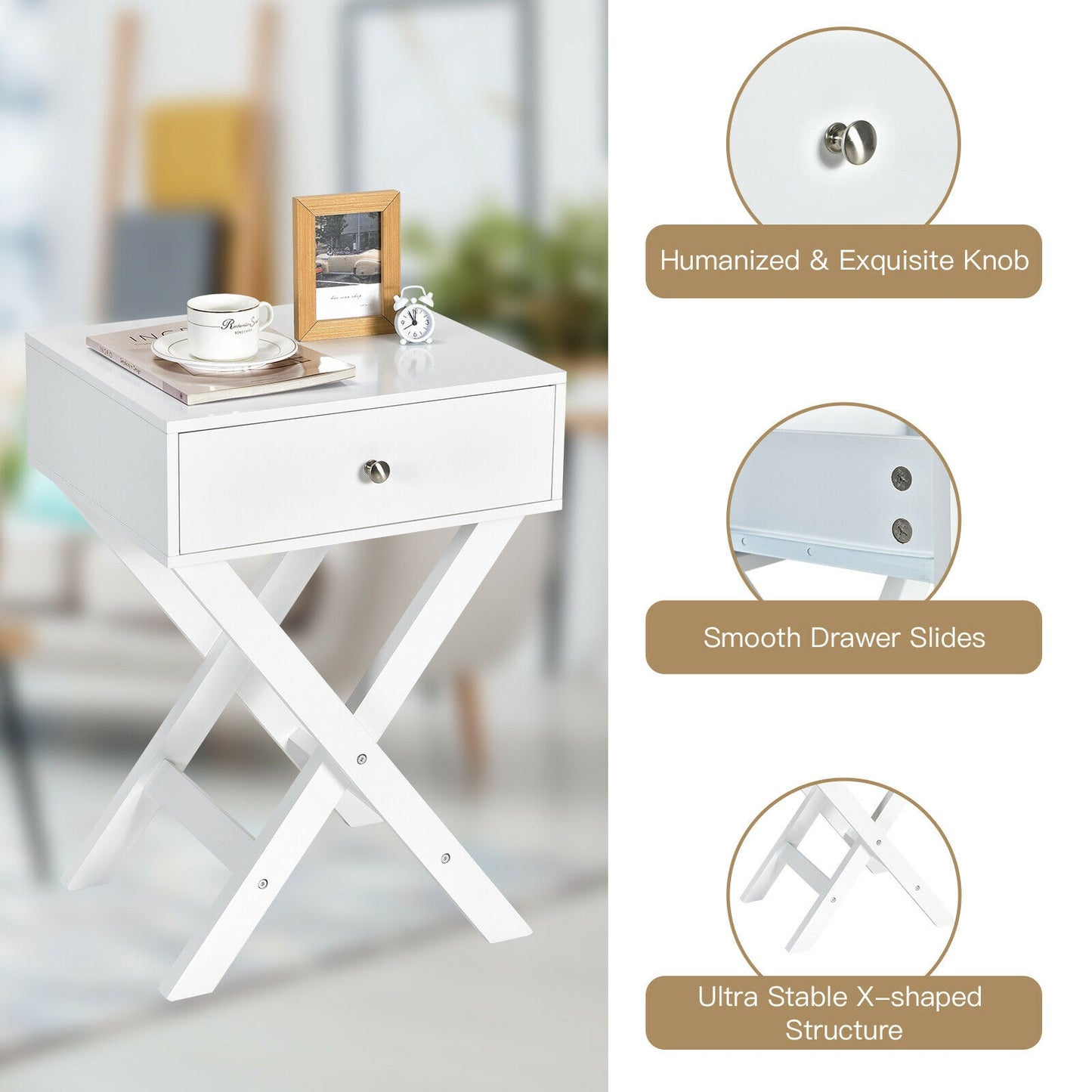 Modern X-Shaped Nightstand with Drawer for Living Room Bedroom, White Nightstands at Gallery Canada