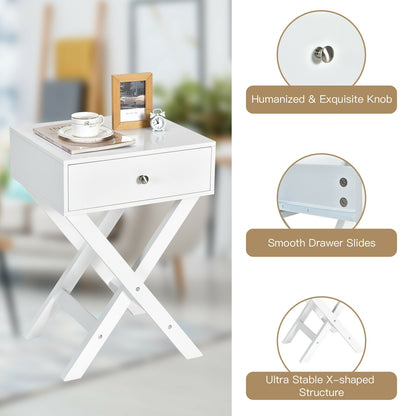 Modern X-Shaped Nightstand with Drawer for Living Room Bedroom, White Nightstands at Gallery Canada