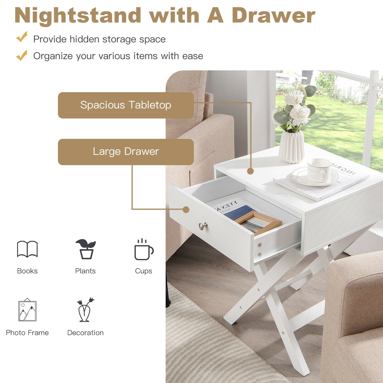Modern X-Shaped Nightstand with Drawer for Living Room Bedroom, White Nightstands at Gallery Canada