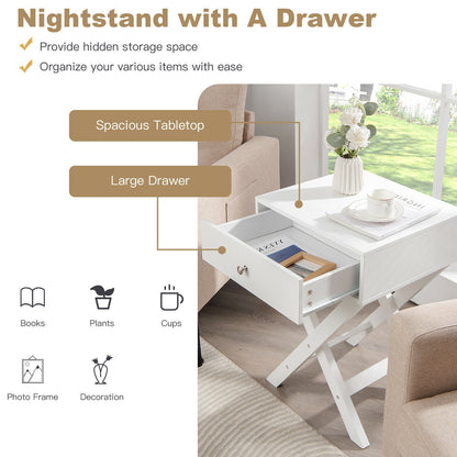 Modern X-Shaped Nightstand with Drawer for Living Room Bedroom, White Nightstands at Gallery Canada