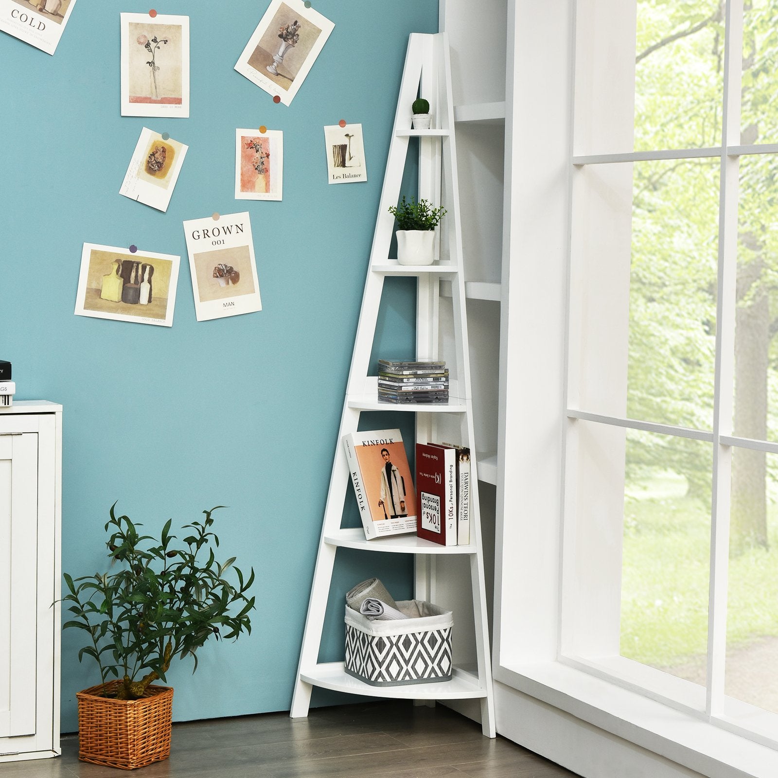 5-Tier Modern Corner Bookcase Shelf with Strong Wooden Frame, White - Gallery Canada