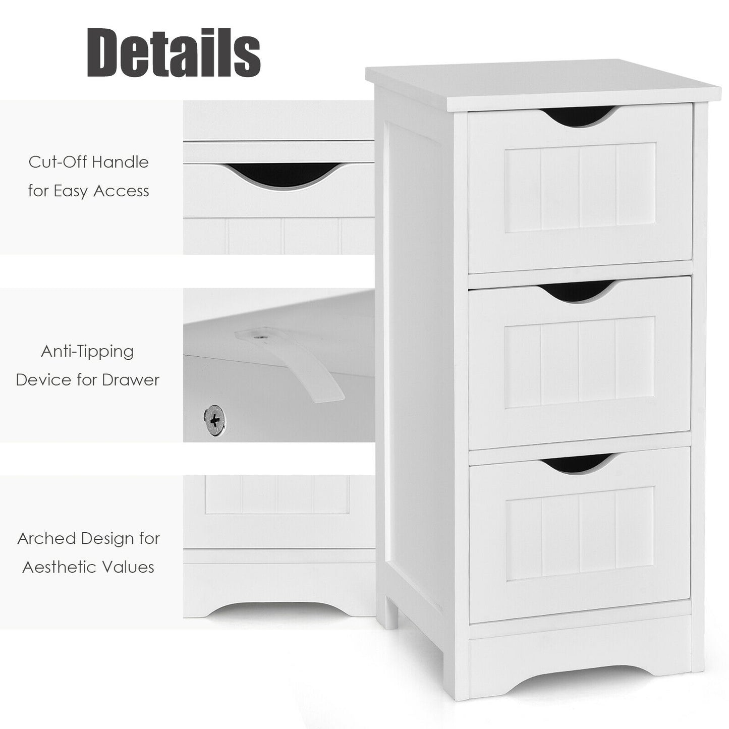 Wooden Bathroom Storage Cabinet, 3-Tier Free Standing Organizer, White Floor Cabinets at Gallery Canada