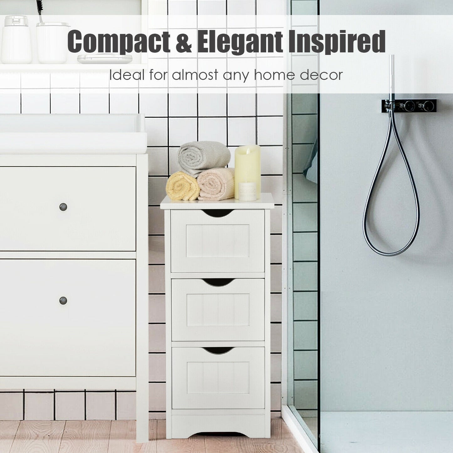 Wooden Bathroom Storage Cabinet, 3-Tier Free Standing Organizer, White Floor Cabinets at Gallery Canada