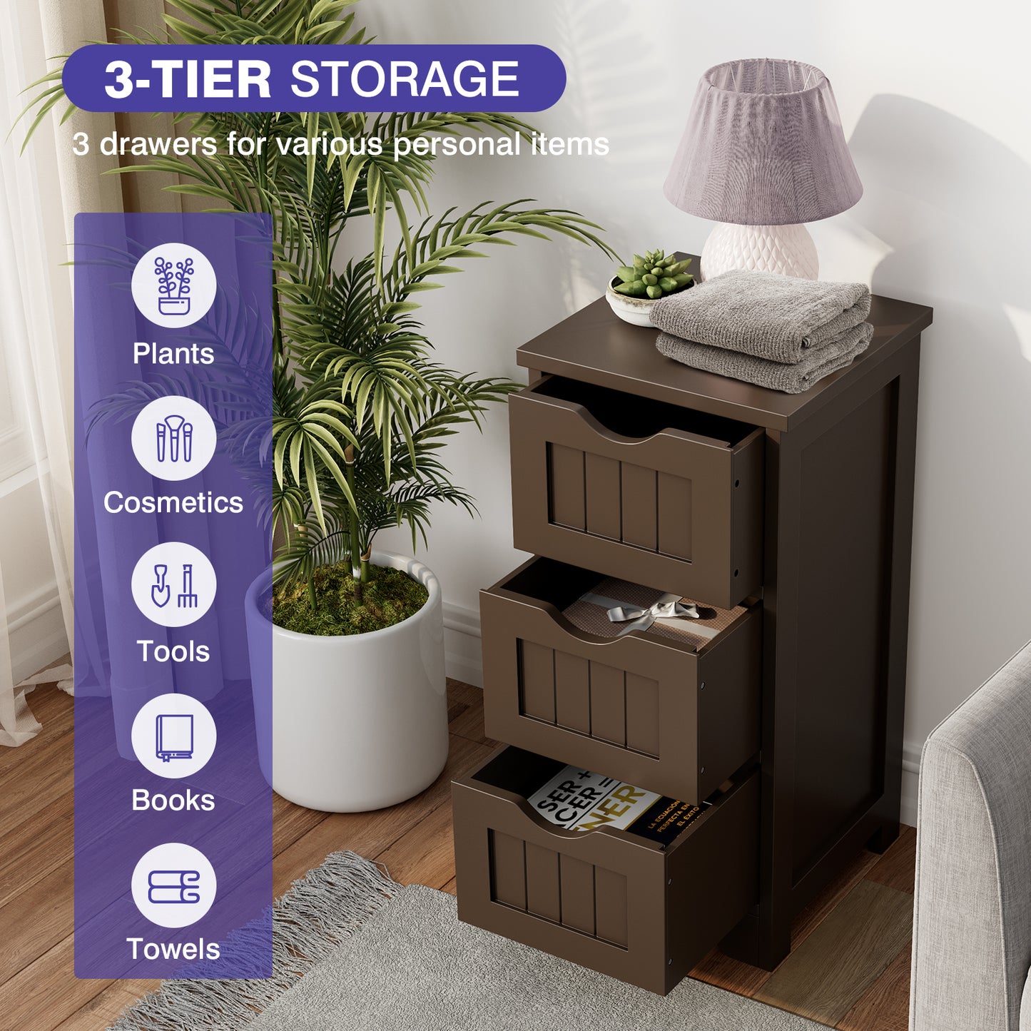 Wooden Free Standing Storage Cabinet, 3-Tier, Brown Floor Cabinets at Gallery Canada